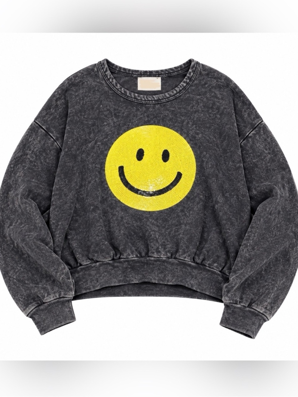 Fantastic Fawn Washed Black Grey Crewneck Sweater with Yellow Smiley Graphic
